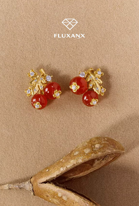 Crimson Agate Brushed Gold Earrings