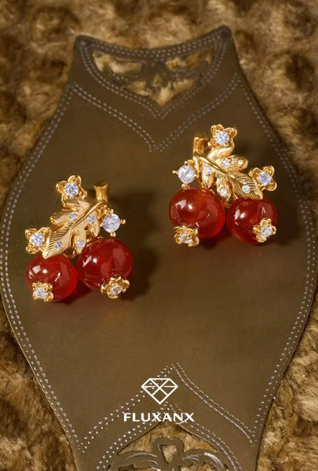 Crimson Agate Brushed Gold Earrings